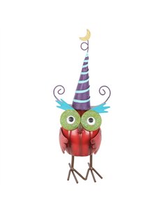 Red Metal Owl Ornament with Witch Hat HA_45426