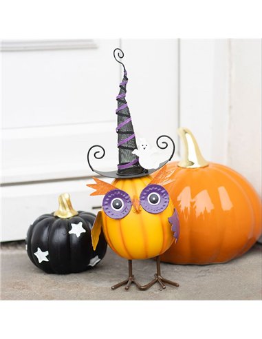 Orange Metal Owl Ornament with Witch Hat and Ghost HA_45626