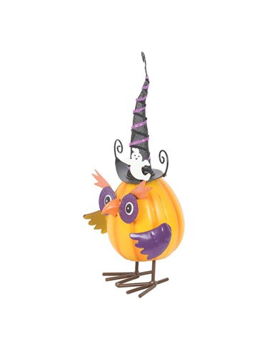 Orange Metal Owl Ornament with Witch Hat and Ghost HA_45626