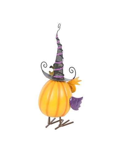 Orange Metal Owl Ornament with Witch Hat and Ghost HA_45626