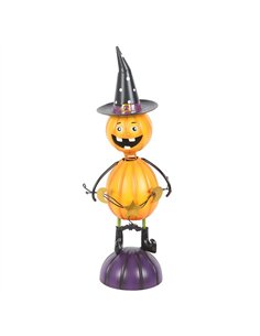 Orange Metal Pumpkin Man Ornament with Witch Hat HA_45926