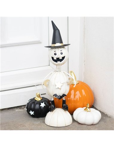 White Metal Pumpkin Man Ornament with Witch Hat HA_46026