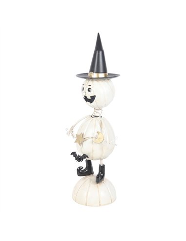 White Metal Pumpkin Man Ornament with Witch Hat HA_46026