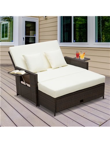 Outsunny 2 Seater Assembled Garden Patio Outdoor Rattan Furniture Sofa Sun Lounger Daybed with Fire Retardant Sponge - Brown