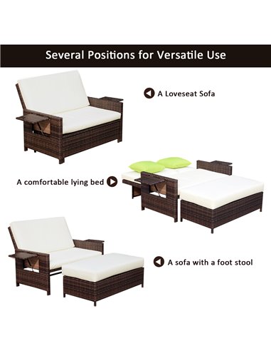 Outsunny 2 Seater Assembled Garden Patio Outdoor Rattan Furniture Sofa Sun Lounger Daybed with Fire Retardant Sponge - Brown