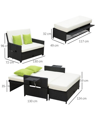 Outsunny 2 Seater Assembled Garden Patio Outdoor Rattan Furniture Sofa Sun Lounger Daybed with Fire Retardant Sponge - Black