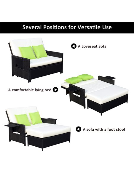 Outsunny 2 Seater Assembled Garden Patio Outdoor Rattan Furniture Sofa Sun Lounger Daybed with Fire Retardant Sponge - Black - pic 13683 | FastDaddyshop