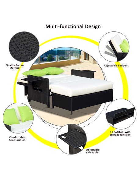 Outsunny 2 Seater Assembled Garden Patio Outdoor Rattan Furniture Sofa Sun Lounger Daybed with Fire Retardant Sponge - Black - pic 13684 | FastDaddyshop