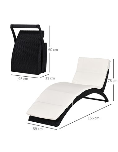Outsunny Garden Patio Rattan Wicker Folding Sun Lounger Recliner Bed Chair with Cushion for Outdoor, Black