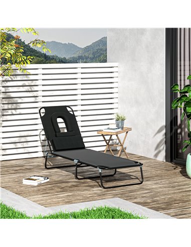 Outsunny Sun Lounger Foldable Reclining Chair with Pillow and Reading Hole Garden Beach Outdoor Recliner Adjustable Black
