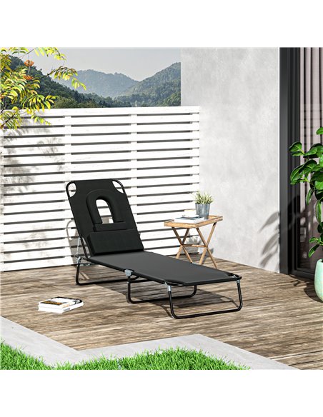 Outsunny Sun Lounger Foldable Reclining Chair with Pillow and Reading Hole Garden Beach Outdoor Recliner Adjustable Black - pic 13744 | FastDaddyshop