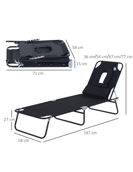 Outsunny Sun Lounger Foldable Reclining Chair with Pillow and Reading Hole Garden Beach Outdoor Recliner Adjustable Black - pic 13745 | FastDaddyshop