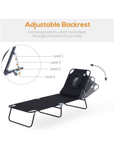 Outsunny Sun Lounger Foldable Reclining Chair with Pillow and Reading Hole Garden Beach Outdoor Recliner Adjustable Black