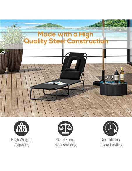 Outsunny Sun Lounger Foldable Reclining Chair with Pillow and Reading Hole Garden Beach Outdoor Recliner Adjustable Black - pic 13748 | FastDaddyshop