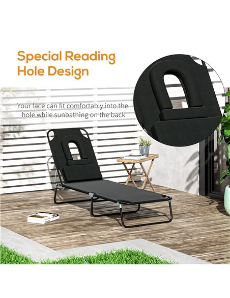 Outsunny Sun Lounger Foldable Reclining Chair with Pillow and Reading Hole Garden Beach Outdoor Recliner Adjustable Black - pic 13749 | FastDaddyshop