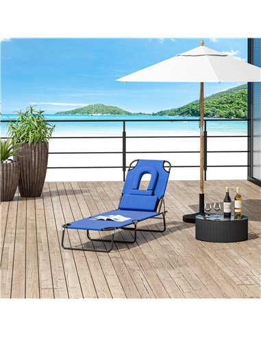 Outsunny Sun Lounger Foldable Reclining Chair with Pillow and Reading Hole Garden Beach Outdoor Recliner Adjustable Blue