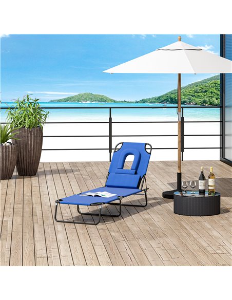 Outsunny Sun Lounger Foldable Reclining Chair with Pillow and Reading Hole Garden Beach Outdoor Recliner Adjustable Blue - pic 13752 | FastDaddyshop