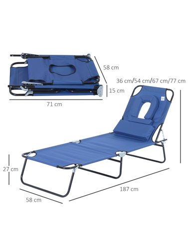 Outsunny Sun Lounger Foldable Reclining Chair with Pillow and Reading Hole Garden Beach Outdoor Recliner Adjustable Blue