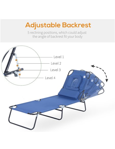 Outsunny Sun Lounger Foldable Reclining Chair with Pillow and Reading Hole Garden Beach Outdoor Recliner Adjustable Blue - pic 13754 | FastDaddyshop