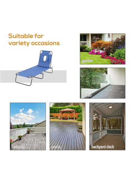 Outsunny Sun Lounger Foldable Reclining Chair with Pillow and Reading Hole Garden Beach Outdoor Recliner Adjustable Blue - pic 13755 | FastDaddyshop
