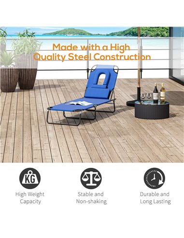 Outsunny Sun Lounger Foldable Reclining Chair with Pillow and Reading Hole Garden Beach Outdoor Recliner Adjustable Blue
