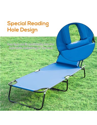 Outsunny Sun Lounger Foldable Reclining Chair with Pillow and Reading Hole Garden Beach Outdoor Recliner Adjustable Blue