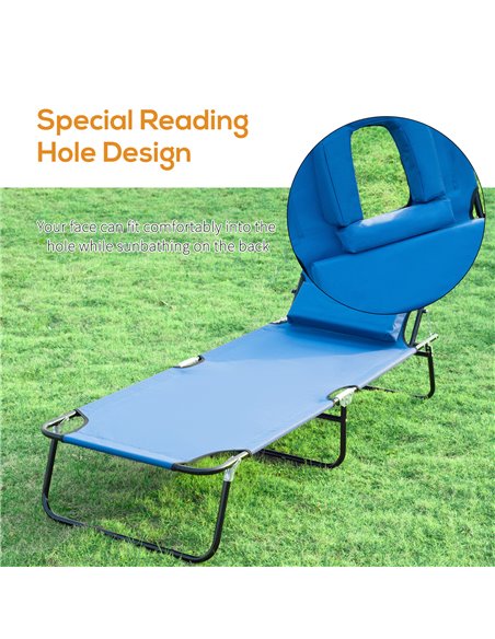 Outsunny Sun Lounger Foldable Reclining Chair with Pillow and Reading Hole Garden Beach Outdoor Recliner Adjustable Blue - pic 13757 | FastDaddyshop