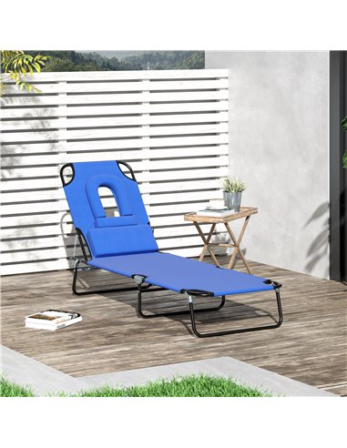Outsunny Sun Lounger Foldable Reclining Chair with Pillow and Reading Hole Garden Beach Outdoor Recliner Adjustable Blue