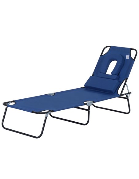 Outsunny Sun Lounger Foldable Reclining Chair with Pillow and Reading Hole Garden Beach Outdoor Recliner Adjustable Blue - pic 13759 | FastDaddyshop