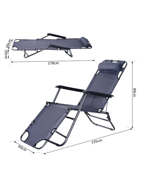 Outsunny 2 in 1 Sun Lounger Folding Reclining Chair Garden Outdoor Camping Adjustable Back with Pillow Grey - pic 13769 | FastDaddyshop