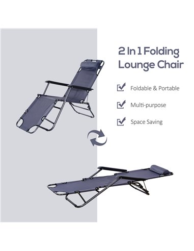 Outsunny 2 in 1 Sun Lounger Folding Reclining Chair Garden Outdoor Camping Adjustable Back with Pillow Grey