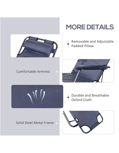 Outsunny 2 in 1 Sun Lounger Folding Reclining Chair Garden Outdoor Camping Adjustable Back with Pillow Grey