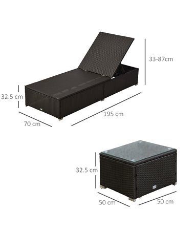 Outsunny 3PC Rattan Sun Lounger Garden Outdoor Wicker Recliner Bed Side Table Set  Patio Furniture Dark Coffee