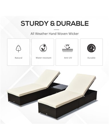 Outsunny 3PC Rattan Sun Lounger Garden Outdoor Wicker Recliner Bed Side Table Set  Patio Furniture Dark Coffee