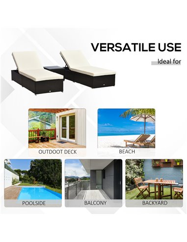 Outsunny 3PC Rattan Sun Lounger Garden Outdoor Wicker Recliner Bed Side Table Set  Patio Furniture Dark Coffee