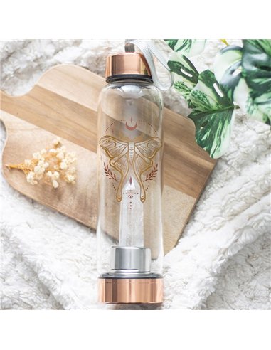 Luna Moth Glass Water Bottle with Clear Quartz Crystal LL_19925