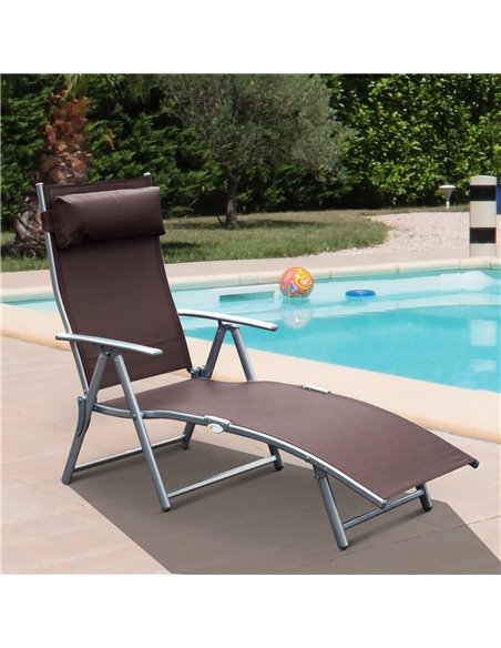 Outsunny Patio Sun Lounger Garden Texteline Foldable Reclining Chair w/ Pillow Outdoor Adjustable Recliner (Brown) - pic 13792 | FastDaddyshop