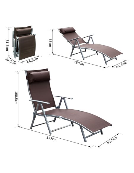 Outsunny Patio Sun Lounger Garden Texteline Foldable Reclining Chair w/ Pillow Outdoor Adjustable Recliner (Brown) - pic 13793 | FastDaddyshop