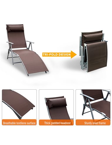 Outsunny Patio Sun Lounger Garden Texteline Foldable Reclining Chair w/ Pillow Outdoor Adjustable Recliner (Brown)