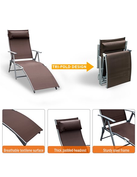Outsunny Patio Sun Lounger Garden Texteline Foldable Reclining Chair w/ Pillow Outdoor Adjustable Recliner (Brown) - pic 13794 | FastDaddyshop
