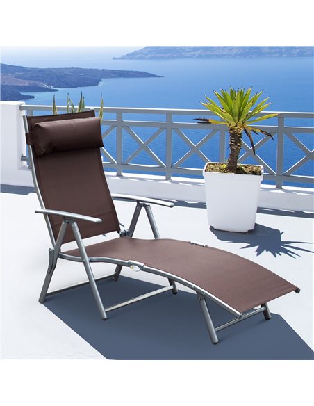 Outsunny Patio Sun Lounger Garden Texteline Foldable Reclining Chair w/ Pillow Outdoor Adjustable Recliner (Brown) - pic 13798 | FastDaddyshop