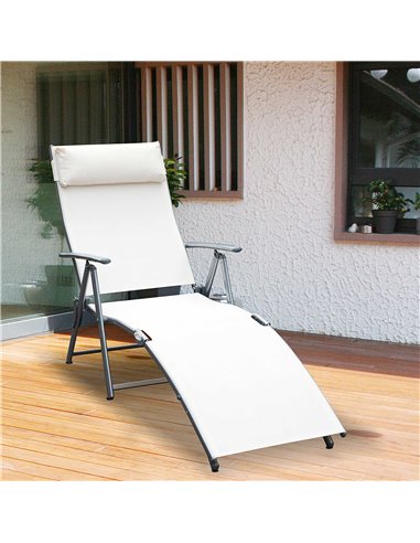 Outsunny Texteline Sun Lounger Recliner Chair Foldable Garden 7 Levels Cream White