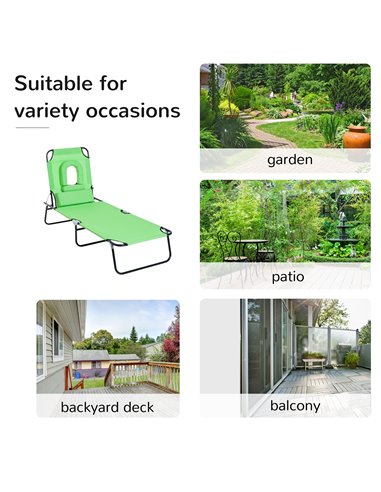 Outsunny Sun Lounger Foldable Reclining Chair with Pillow and Reading Hole Garden Beach Outdoor Recliner Adjustable Green