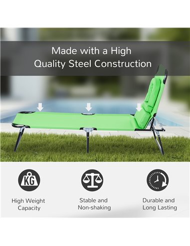 Outsunny Sun Lounger Foldable Reclining Chair with Pillow and Reading Hole Garden Beach Outdoor Recliner Adjustable Green