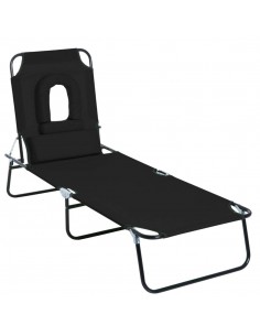 Outsunny Foldable Reclining Sun Lounger with Pillow and Reading Hole, Black