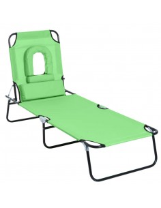 Outsunny Foldable Reclining Sun Lounger with Pillow and Reading Hole, Green