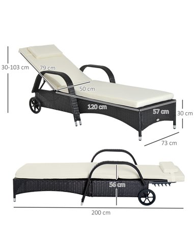 Outsunny Garden Rattan Single Sun Lounger, Reclining Chair, Black
