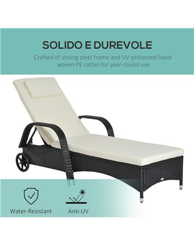 Outsunny Garden Rattan Single Sun Lounger, Reclining Chair, Black