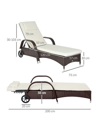Outsunny Garden Rattan Single Sun Lounger, Reclining Chair, Brown