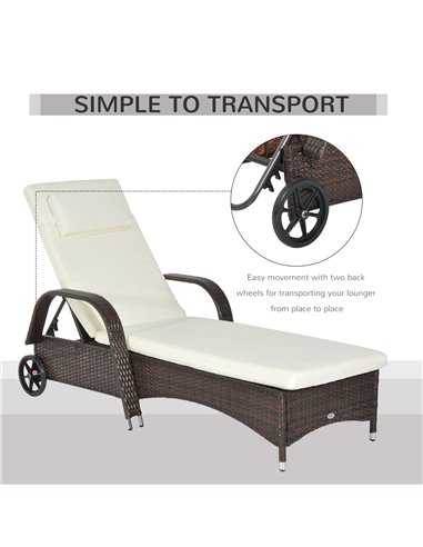 Outsunny Garden Rattan Single Sun Lounger, Reclining Chair, Brown